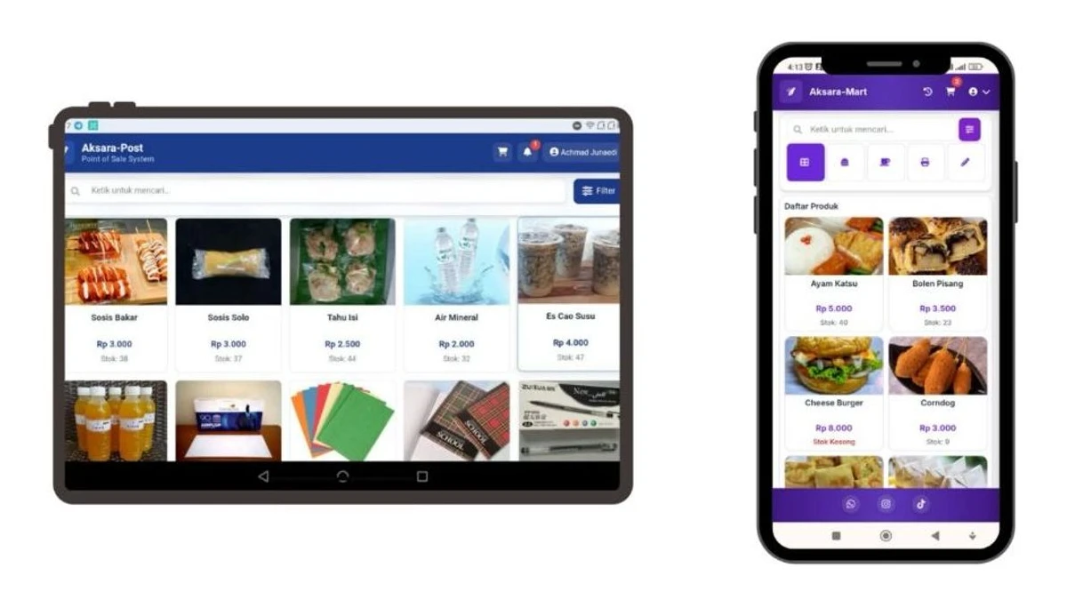 Antarmuka aplikasi kasir Aksara-POS pada tablet dan marketplace sekolah Aksara-Mart pada smartphone